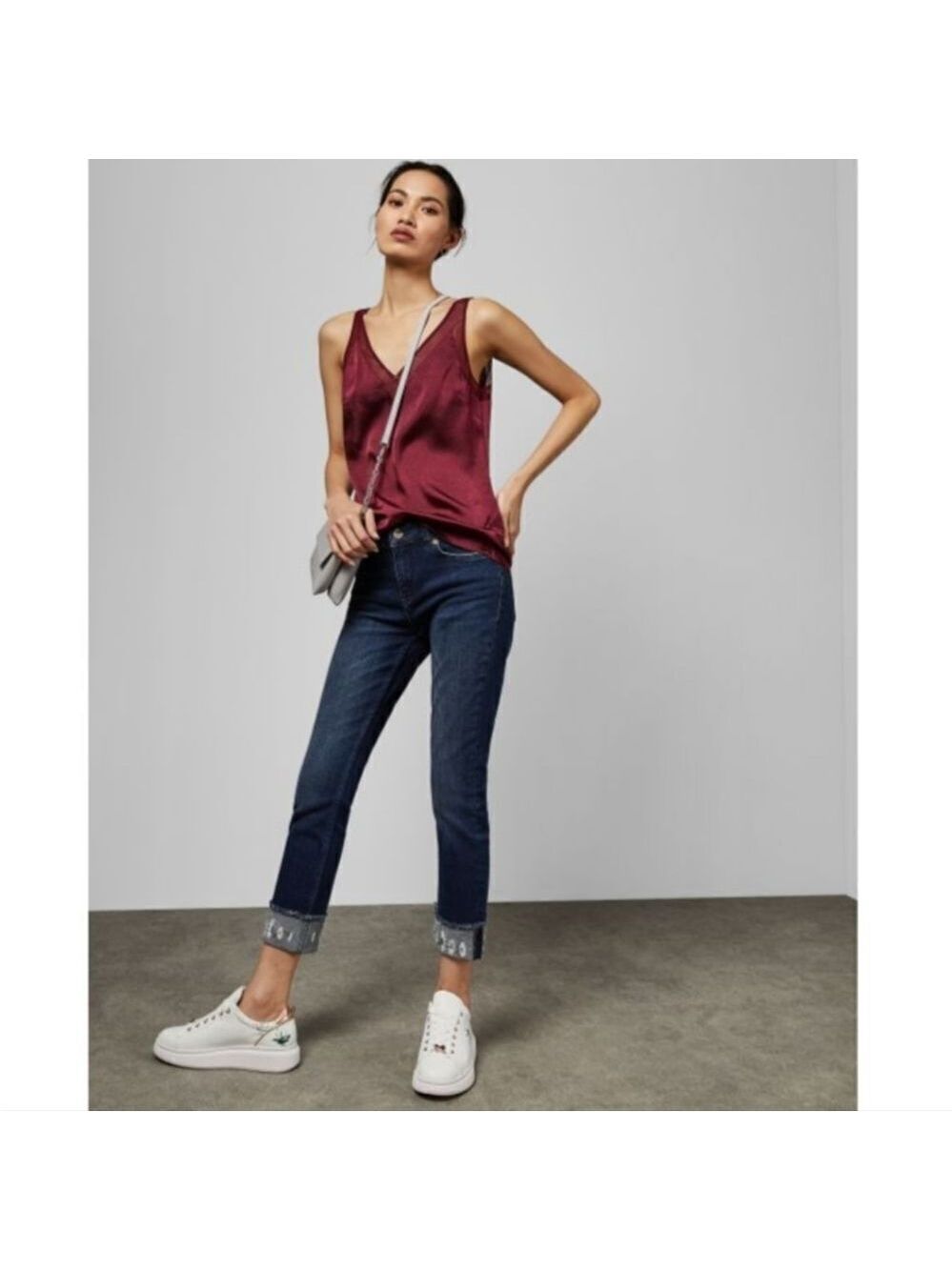 TED Baker Pralina Embroidered Raw Hem Jean, Dark Blue